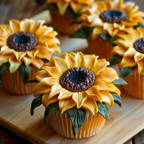 Cow Cake With Sunflowers, Chocolate Sunflower Cake, Sunflower Treats, Cheap Party Food Ideas, Sunflower Cake, Bee Cake Pops, Sunflower Cookies, Fall Cupcakes, Cupcake Cake Designs