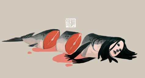 sushi mermaid Mermaid Sushi, Geisha Mermaid, Sushi Illustration Art, Mermaid Sushi Art, Raw Sushi Drawings, Sushi Digital Art, Noodle Art, New Gods, Picture Illustration