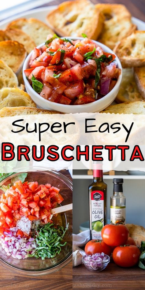 This Easy Bruschetta Recipe is a quick appetizer made with fresh tomatoes, basil and onion then served over toasted baguette bread. Such an easy New Years party appetizer! Italian Bruschetta Recipe, Easy Bruschetta Recipe, Easy Bruschetta, Toasted Baguette, Quick Appetizer, Baguette Bread, Bruschetta Recipe, Quick Appetizers, Dips Appetizers