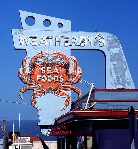 Neon Sign Weatherby's Seafood Seafood Restaurant Interior, Boardwalk Theme, Retro Neon Signs, Seafood Shack, Old Neon Signs, Motel Signs, Retro Signage, Cool Neon Signs, Neon Jungle