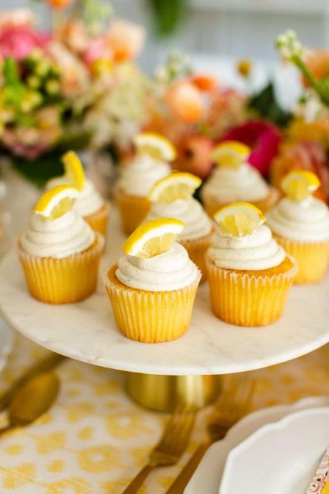 Lemon Theme Cupcakes Ideas, Lemon Bday Party, Positano Theme Cupcakes, Lemon Bday Theme, Lemon Bridal Shower Cupcakes, Lemon Hens Party, Lemon Birthday Theme Summer Parties, Citrus Bridal Shower Desserts, Main Squeeze 1st Birthday Party