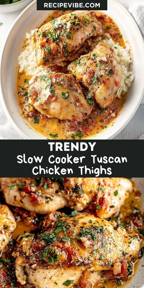 Searching for the perfect dish to elevate your dinner routine? This Slow Cooker Tuscan Chicken Thighs Recipe delivers deliciousness with every bite! Enjoy a satisfying meal with minimal prep time. Remember to save this easy recipe for your collection of Chicken Thigh Recipes! Easy Chicken Thigh Recipes Crockpot, Tuscan Chicken Thighs, Chicken Thighs Slow Cooker Recipes, Slow Cooker Tuscan Chicken, Dutch Oven Recipes Cast Iron, Crockpot Chicken Thighs, Slow Cooker Chicken Thighs, Chicken Thighs Recipe, Thighs Recipe