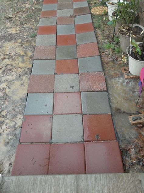 Checkerboard walkway using old and new - red and gray pavers...  some of the pavers we've had for 20 years.  Sunday Project - April 2014 Checkerboard Walkway, Checkered Patio, Gray Pavers, Pavers Walkway, Back Porch Patio, Grey Pavers, Paver Patio Ideas, Large Pavers, She Shed Decor