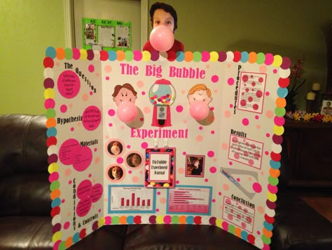 Fifth grade science fair project. Which brand of gum blows the biggest bubble? Bubble Gum Science Fair Project Ideas, Bubble Gum Science Fair Project, Bubble Experiment, Bubble Science, Science Project Board, 5th Grade Science Projects, Kids Science Fair Projects, Easy Science Fair Projects, Elementary Science Fair Projects