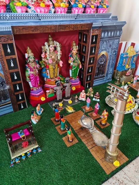 Shivaratri Decoration At Home, Navaratri Golu Decoration Ideas, Navratri Ground Decoration, Golu Ideas Navaratri, Navarathri Golu Backdrop, Navarathiri Golu Ideas, Temple Gopuram, Navratri Decor, Diy Golu Dolls