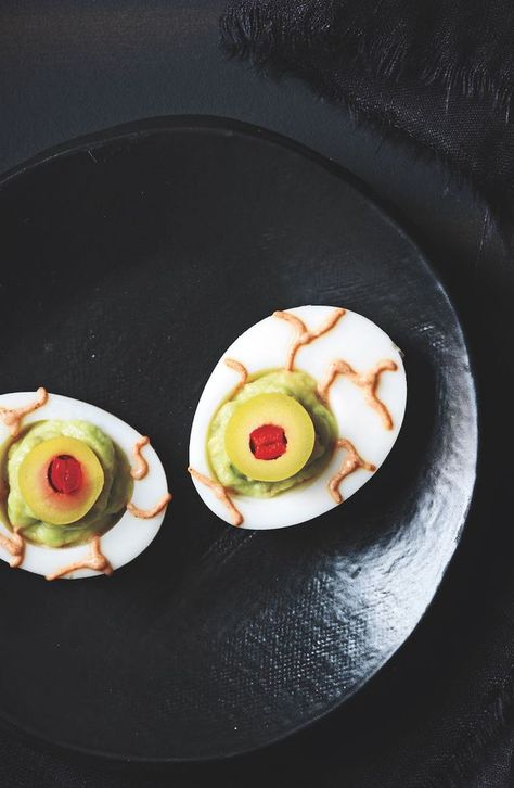 halloween food ideas - Guacamoldy Eyeballs Easy Pumpkin Pancakes, Pumpkin Pancakes Recipe, Pumpkin Pancakes Easy, Mystical Halloween, Easy Halloween Party Food, Guacamole Deviled Eggs, Halloween Food Ideas, Pumpkin Pancake Recipe, Apple Snacks