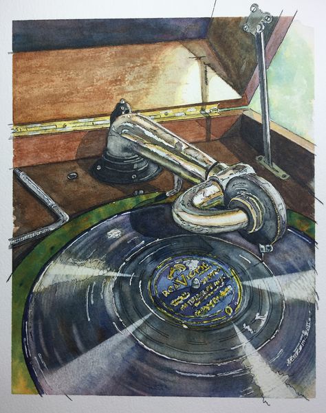 "Dad's Victrola" 8x10"  #watercolor #illustration #pen & #ink #art #vinyl #record #victrola #phonograph by V. Stark Music Drawing Ideas, Ricky Fort, Drawing Ideas Sketch, Music Drawing, Ideas Sketch, Music Drawings, Nostalgic Art, Music Illustration, Music Painting