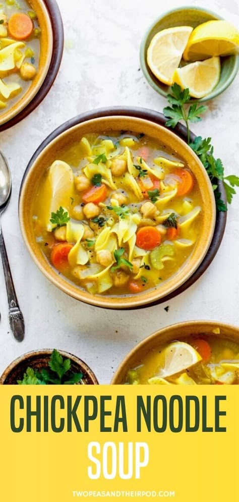 Chickpea Noodle Soup is perfect for cold weather or under-the-weather days! It’s comforting, nourishing, vegetarian, and delicious! Vegetarian Chicken Noodle Soup, Chickpea Noodle Soup, Chickpea Noodle, Vegetarian Chicken, Lunch Recipe, Quick And Easy Dinner, Veggie Soup, Vegetarian Soup, Chicken Noodle Soup