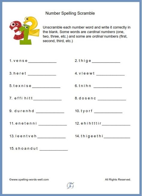 This Number Spelling Scramble printable page is great for practice and review in correctly spelling those tricky number words. From www.spelling-words-well.com Spelling Practice Worksheets, Number Spelling, Number Words Worksheets, Jumbled Words, Kindergarten Phonics Worksheets, Teaching Spelling, Word Puzzle, Spelling Worksheets, Spelling Practice