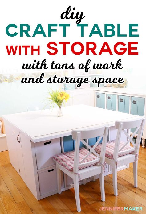 DIY Craft Table with Storage for Under $300 #organization #craftroom #ikeahack Craft Room Tables Storage Cabinets, Ikea Hack Table With Storage, Diy Craft Table With Storage, Storage For Craft Room, Craft Table With Storage, Craft Table Ikea, Diy Craft Table, Ikea Desks, Scrapbooking Rooms