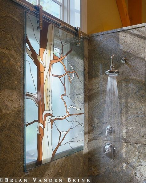 Stained glass shower window with a sliding operation | Innovate Building Solutions Shower Ideas With Window, Cottage Showers, Timber Frame Barn, Window In Shower, Cottage Bathroom, Bathroom Windows, Custom Shower, Window Art, Bathroom Art