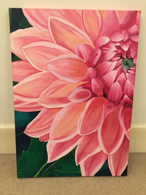 Dahlias Painting Acrylic, Painted Dahlia Flower, Paintings Of Dahlias, Flower Painting Realistic, Dahlia Flower Painting Acrylic, Acrylic Flower Painting Ideas On Canvas, Painting Ideas On Canvas Floral, Big Flower Painting Acrylic, Dahlia Painting Acrylic