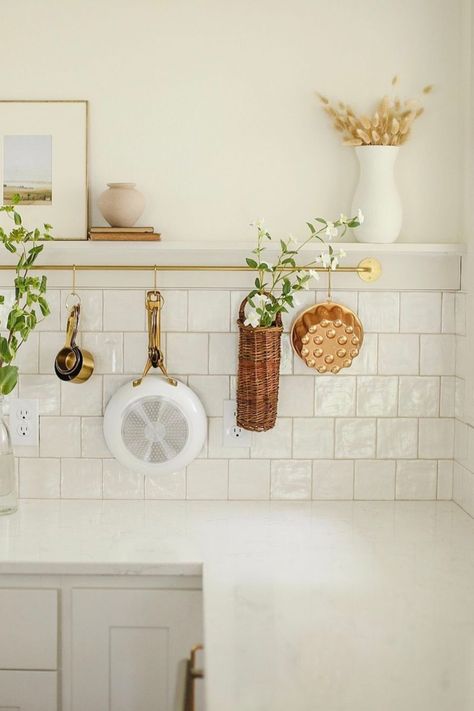 White Shelf Kitchen, Tile Ledge Kitchen, Kitchen Rail Styling, Small Kitchen Mood Board, Wall Hooks In Kitchen, Picture Rail Kitchen, Picture Light Kitchen, Kitchen Picture Ledge, Picture Ledge Kitchen