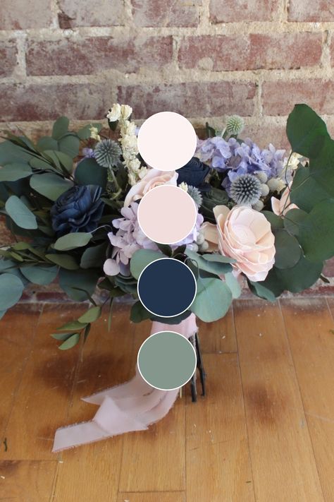 Navy Green Blush Wedding, Blue Pink Green Wedding Colors, Navy Blue Pink And Green Wedding, Navy Sage And Blush Wedding, Sage Wedding Colors, Wedding Theme Color Schemes, Blue And Blush Wedding, Pink Green Wedding, Navy Wedding Flowers