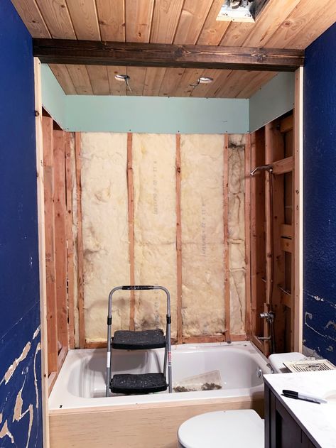 One Room Challenge: Guest Bathroom – Week 3 — Lone Oak Design Co. Wood On Ceiling Bathroom, Wood Beam In Bathroom, Wood Panel Bathroom Ceiling, Pine Ceiling Bathroom, Bathroom Wall Wood Planks, Stained Shiplap Wall Bathroom, Wooden Beam Bathroom, Cedar Ceiling Bathroom, Basement Column Wrap