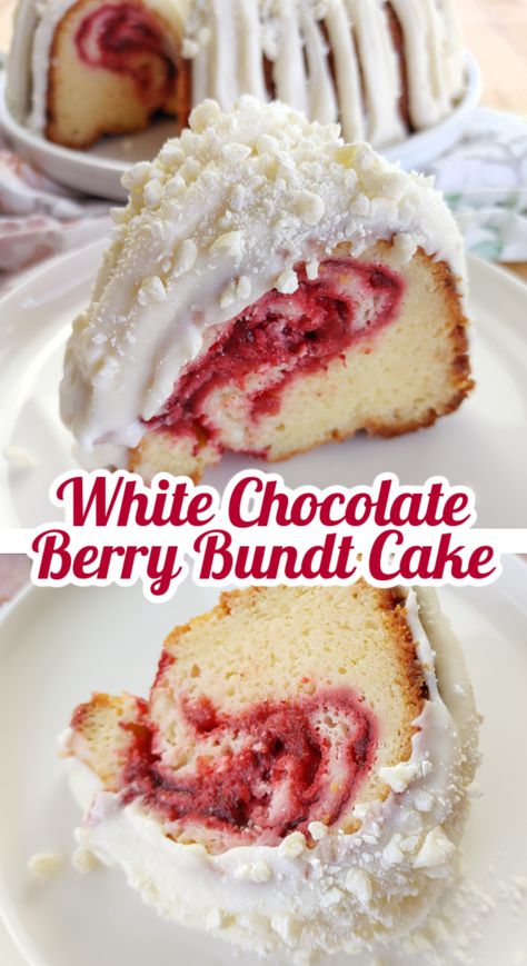 An easy, absolutely DELICIOUS recipe for tender white chocolate cake with a berry swirl based on Nothing Bundt Cakes famous White Chocolate Raspberry cake. Berry Bundt Cake, Berry Pie Filling, White Chocolate Raspberry Cake, Sink Cookies, Cake Bundt, Kitchen Sink Cookies, Nothing Bundt Cakes, White Chocolate Cake, Tuna Noodle