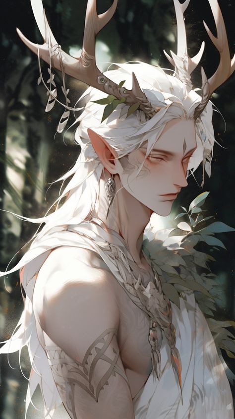 Elf With Antlers, High Elf Art, Elf Vibe, Man With Antlers, Fae King, Winter Elf, Elven King, Npc Ideas, Cute Moth