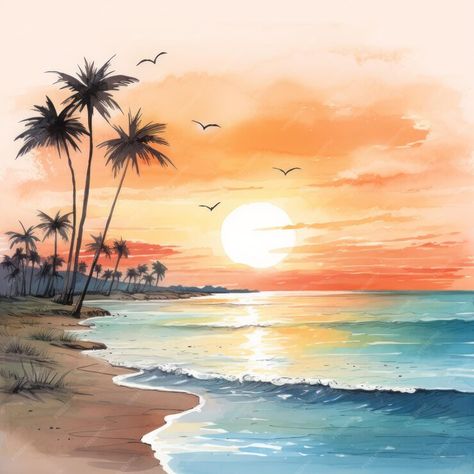 I Am Saving My Beach Painting, Beach Sunset Drawing Colored Pencil, Watercolor Palm Tree Sunset, Beach Pictures Drawing, Seashore Drawing, Beach Watercolor Paintings, Sunset Beach Watercolor, Beach Painting Watercolor, Watercolor Art Sea