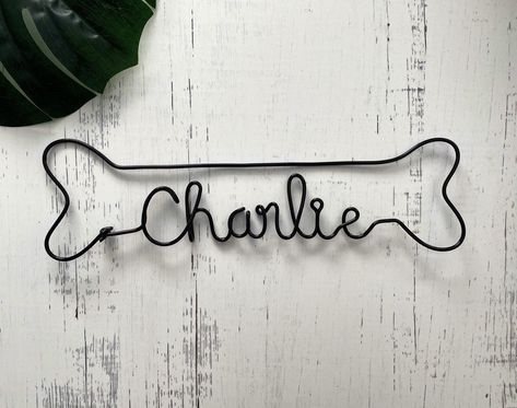 Personalized Dog Bone Name Sign | Custom Dog Name Sign | Wire Dog Name Sign | Wire Word Sign | Dog Bone Sign by WonderWireDesign on Etsy Dog Name Sign, Wire Dog, Wire Name, Copper Wire Art, Wire Sign, Wire Knitting, Wire Sculptures, Dog Wall Decor, Knitted Wire