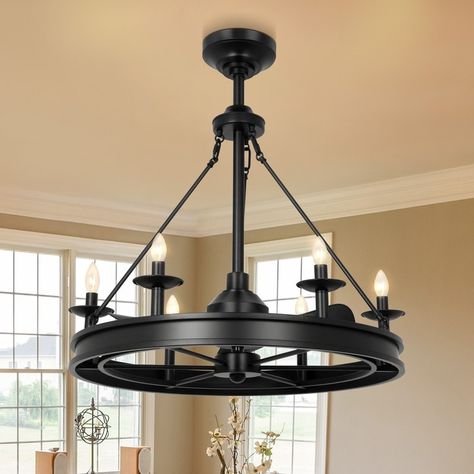 This 6-light chandelier ceiling fan brings a warm glow and a cool breeze to your dining room or entryway. Made from metal, it has a wagon wheel frame that supports 8 candle-style fixtures, each topped with an included 6-Watt bulb. Black Chandelier Ceiling Fan, Black Chandelier Fan, Living Room Fandeliers, Chandelier With Fan, Vintage Ceiling Fans, Chandelier Ceiling Fan, Indoor Ceiling Fans, 3 Blade Ceiling Fan, Exhaust Fans