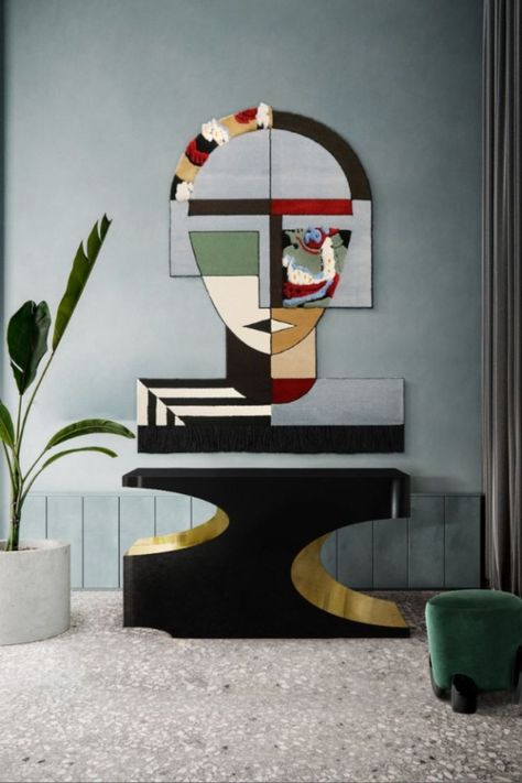 Eclectic design entryway wtih a modern console and a contemporary rug Modern Hallway Design, Contemporary Hallway, Console Table Design, Hallway Design, Modern Hallway, Entry Way Design, Wall Rug, Tableau Art, Eclectic Design