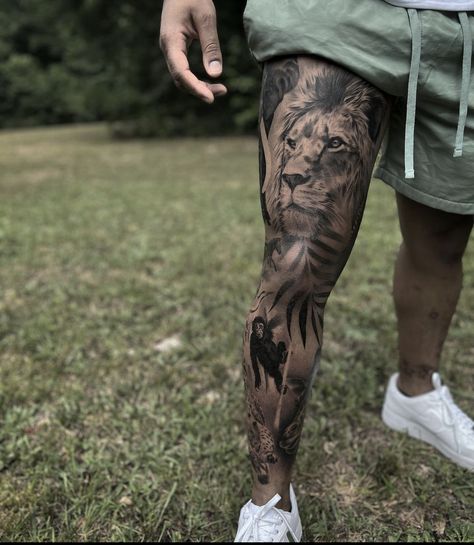 God Leg Sleeve Tattoo, Loin Tattoos Design Leg, Lion On Leg Tattoo, Tattoo Sleeve Leg Men, Legs Sleeve Tattoo Male, Gorilla Leg Tattoo, Animal Leg Tattoo Men, Mens Tattoo Leg Sleeve, Thigh Sleeve Tattoo Men