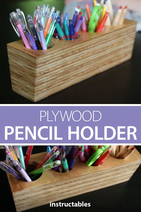 Small Plywood Projects, Plywood Crafts Diy, Easy Woodshop Projects, Plywood Ideas, Diy Wood Pencil Holder, Log Pencil Holder, Wood Block Pencil Holder, Wood Pen Holder For Desk, Plywood Diy