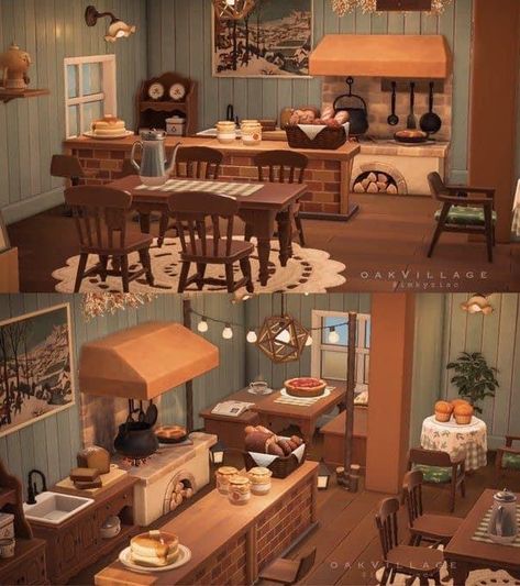 Acnh Kitchen Inspiration, Animal Crossing Ranch House, Acnh Hhp Coco, Animal Crossing Ranch Kitchen, Acnh Ranch House, Villager Homes Animal Crossing, Acnh Kitchen Designs, Animal Crossing House Interior Ideas, Acnh Villagers Homes