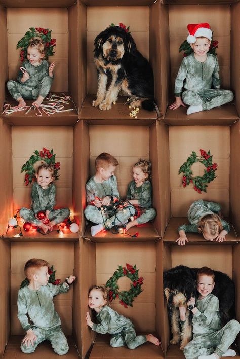 Kid’s Christmas Photoshoot, Christmas Family Photo Ideas Indoor, Christmas Indoor Mini Sessions, Cardboard Box Photography, Kid Holiday Photoshoot Ideas, Cardboard Box Photoshoot Diy, Family Christmas Pictures Ideas Indoor, Cardboard Christmas Crafts For Kids, Unique Christmas Mini Session Ideas