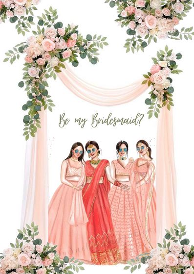 Most elegant bridesmaid illustration Bridemaids Invitation, Indian Wedding Bridesmaids Outfits, Bridesmaid Illustration, Bridesmaid Invitation Card, Bridesmaid Indian, Wedding Illustration Card, Couple Illustration Wedding, Bride And Groom Cartoon, Wedding Couple Cartoon