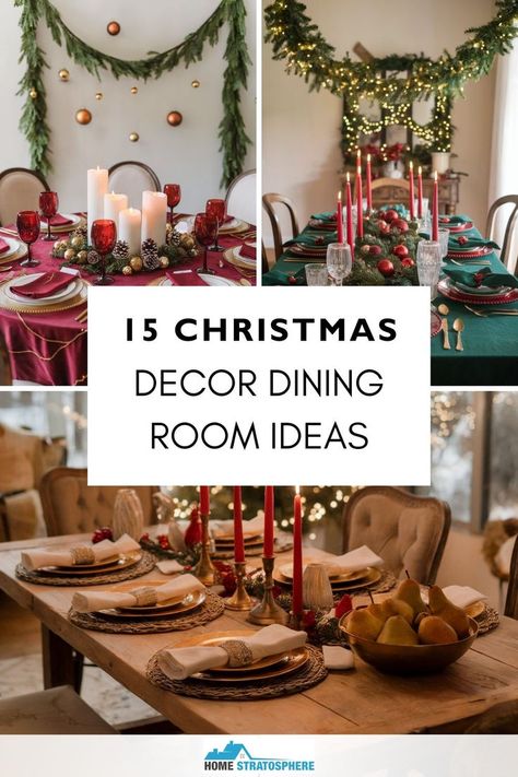 A dining room with various Christmas decor ideas, featuring garlands, festive centerpieces, and a cozy holiday atmosphere. Breakfast Nook Christmas Decor, Small Dining Room Christmas Decor, Dining Room Holiday Decor, Christmas Decor For Dining Room, Dining Room Christmas Decor Ideas, Dining Room Table Christmas Decor, Dining Room Decor Christmas, Christmas Decor Dining Room, Dining Room Christmas Decor