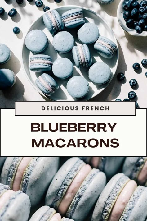 With a delicately crisp exterior, a chewy interior, and a deliciously tangy berry cheesecake filling, these Blueberry Macarons are simply splendid. Featuring blue macaron shells that are naturally flavored with freeze-dried blueberries and a rich blueberry buttercream, my newest macaron recipe is the perfect way to welcome warmer weather. Blueberry Macaron Filling, Freeze Dried Blueberry Recipes, Blue Macaron Flavors, Blueberry Macarons Recipe, Blueberry Cheesecake Macarons, Blue Macarons Recipe, Macarons Blueberry, Macaroon Flavors, Macaron Filling Ideas