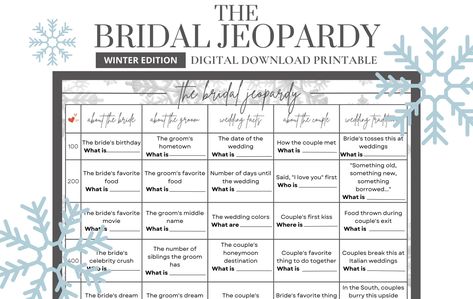 💍 The Bridal Jeopardy is the perfect game for your next event! With a Winter visual design, it's perfect for the season! As easy as downloading the file and printing out at home or at a printing facility! (No physical item will be mailed to you.) 🌸I was constantly stumped when I'd throw Bridal showers and wanted a fun, easy, and unique game to play that wasn't cheesy. I searched and searched until I finally just decided to create by own! With a classic look and fun questions that everyone will Bridal Jeopardy Board, Bridal Jepordy Shower Questions, Wedding Jeopardy Questions, Bachelorette Jeopardy Questions, Bridal Shower Jeopardy Questions, Bridal Jeopardy Questions, Wedding Jeopardy, Bridal Shower Jeopardy, Bach Games