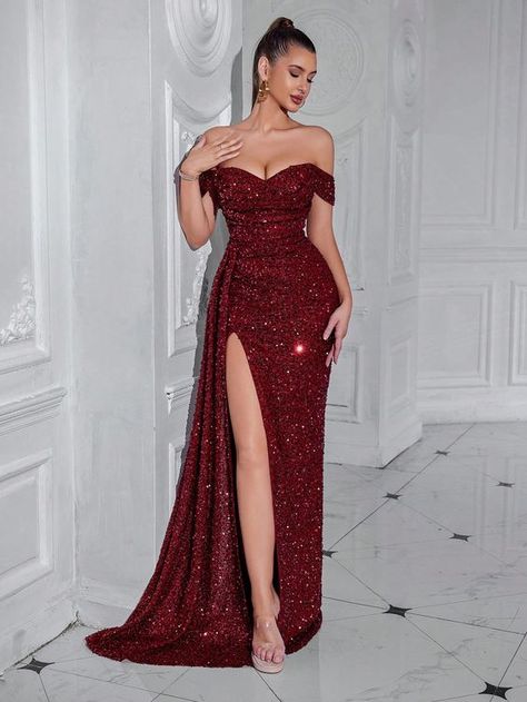 Formal Evening Dresses Short, Short Off The Shoulder Dress, Red Wine Prom Dress, Vestidos De Gala Elegantes Noche, Shein Prom Dress, Burgundy Dress Formal, Sequin Red Dress, Long Burgundy Dress, Md Dresses