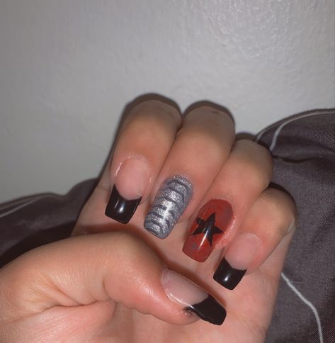 nail art on long square nails inspired by bucky barnes from the marvel universe Bucky Barnes Inspired Nails, Marvel Avengers Nails, Marvel Nails Short, Marvel Nails Simple, Nails Superhero, Marvel Nail Ideas, Bucky Barnes Nails, Marvel Acrylic Nails, Marvel Inspired Nails