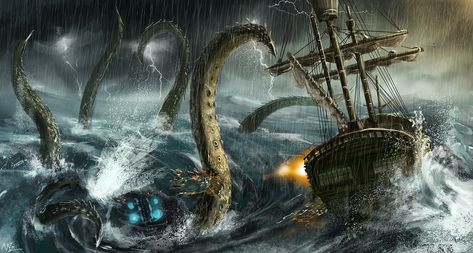 Kraken attacking sailing ship #artwork fantasy art #rain #sea #tentacles sea monsters sailing ship #2K #wallpaper #hdwallpaper #desktop Kraken Art, Sea Storm, The Kraken, Ship Artwork, Ghost Ship, Sea Monster, Davy Jones, Wow Art, Sea Monsters