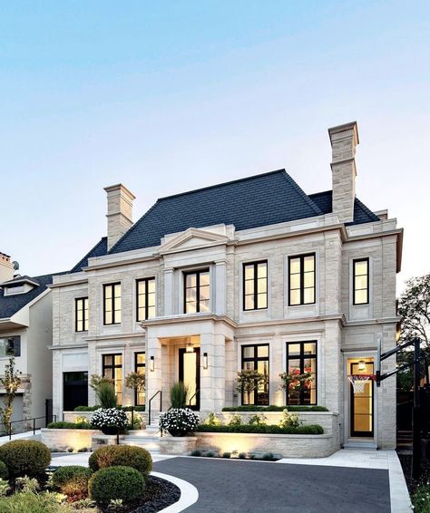 French House Design, Big Houses Exterior, White Colonial House, Modern French Home, French Transitional, Big Modern Houses, White Colonial, English Houses, French Style Homes