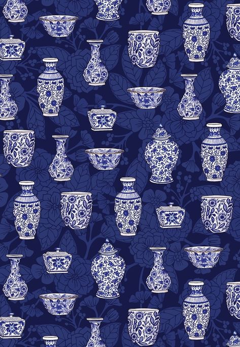 "Blue & White Chinoiserie/ Delftware Pottery Pattern" by somecallmebeth | Redbubble Blue Pottery Patterns, Blue Pottery Designs Pattern, Pottery Wallpaper, Blue Porcelain Pattern, Blue Pottery Motifs Pattern, Blue And White China Pattern, Blue Pottery Designs, Chinoiserie Patterns, Chinese Blue And White Porcelain