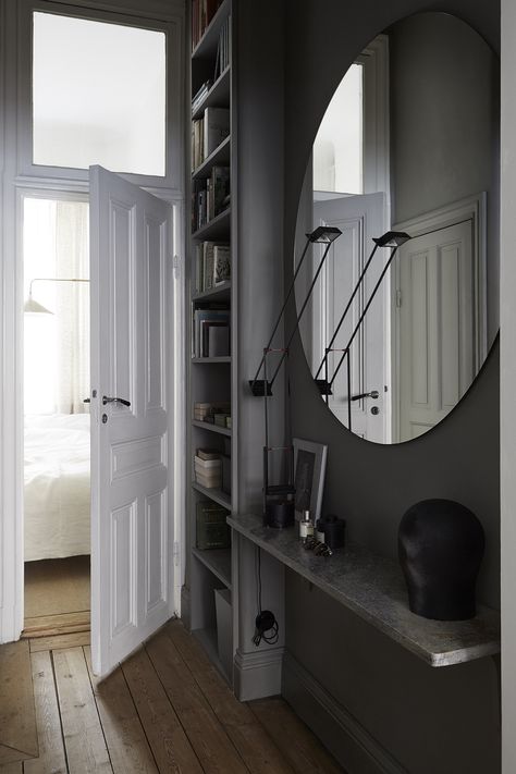 Search for "stor rund spegel" | LJUVA MAGNOLIA Hallway Shelf, Grey Hallway, Hallway Mirror, Gravity Home, Hallway Inspiration, Entryway Mirror, Old Apartments, Hal Decor, Foyer Decorating