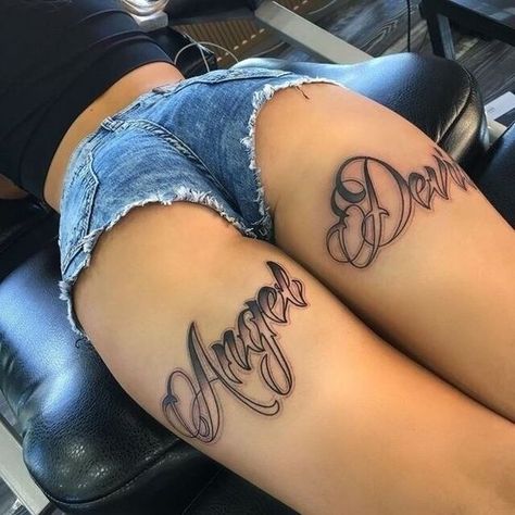 Thigh Tattoo Designs, Girls With Tattoos, 4 Tattoo, Thigh Tattoos, Leg Tattoos Women, Tattoo Lettering Fonts, Badass Tattoos, Waves Tattoo, Hot Tattoos