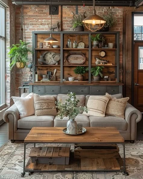 Modern Farmhouse Maximalist, Industrial And Farmhouse Decor, Industrial Farmhouse Furniture, Industrial Country Living Room, Rustic Modern House Design, Diy Home Decor Rustic Living Room Interior Design Farmhouse Style, Farmhouse Lounge Room Ideas, Country Apartment Decor Farmhouse Style, Cottage Core Industrial