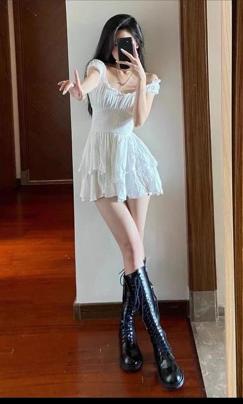 White Mini Dress With Boots, Goth White Dress, Goth Dress Aesthetic, Short White Dress Outfit, White Dress With Boots, White Goth Dress, Coquette Frame, Dress With Black Boots, Silk Dresses Outfit