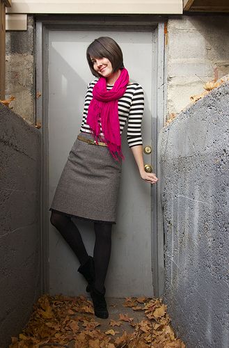 Gray skirt, black and white shirt, black tights, pink scarf Pink Top Black Skirt Outfit, Pink And Grey Clothes, Magenta Scarf Outfit, Gray Skirt Pink Top Outfit, Black Skirt Grey Sweater, Pink Sweater Black Skirt, Teaching Outfits, Black And White Shirt, Gray Skirt