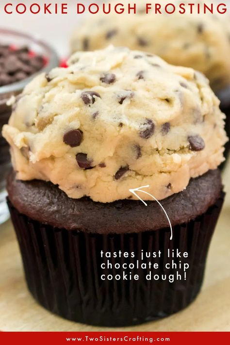 This is definitely The Best Cookie Dough Frosting we have ever tasted and it is so easy to make. Not to sweet, chocolately and delicious. And did we mention eggless? It is the perfect frosting for cupcakes, cakes or even brownies! It would also be great as a Chocolate Chip Cookie Dough dip! Pin for later and Follow us for more great Homemade Frosting Recipes. Chocolate Chip Cookie Dough Frosting Recipe, Lilly Cake, Cookie Dough Dessert, Frosting For Cupcakes, Chocolate Chip Cookie Dough Dip, Best Frosting Recipe, Chocolate Chip Cookie Dough Cupcakes, Homemade Frosting Recipes, Eggless Cookie Dough