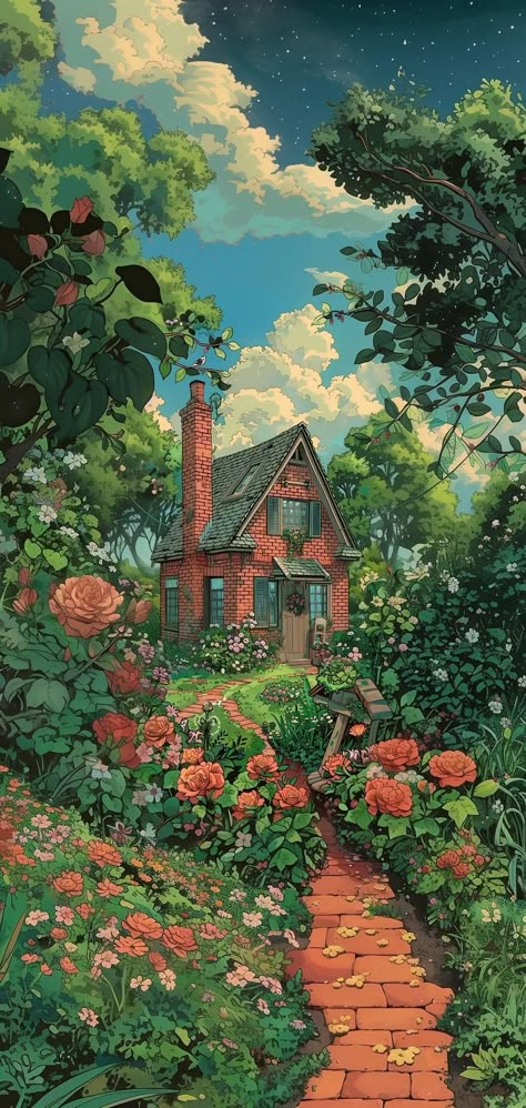 Large Wallpaper Phone, Cute Garden Wallpaper, Cottage Wallpaper Iphone, Cottage Core Wallpaper, Phone Background Wallpaper, Beautiful Scenery Pictures, Ghibli Art, Art Wallpaper Iphone, Pastel Wallpaper