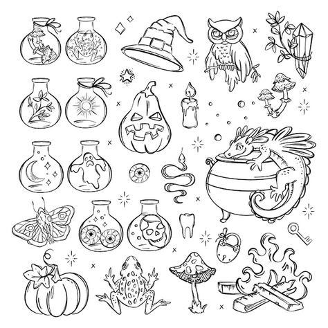 Vector halloween witchcraft monochrome s... | Premium Vector #Freepik #vector #alchemy #witchcraft #occult #cauldron Objects Sketch, Halloween Witchcraft, Halloween Doodles, Tattoo Filler, Alchemy Art, Drawing Ideas List, Flower Line Drawings, Magical Accessories, Occult Symbols