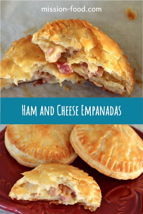 These flaky Ham and Cheese Empanadas feature a deliciously creamy and cheesy filling studded with smoky bites of ham. They are common among various Latin American countries including Cuba, Argentina, and Chile. Empanadas Recipe Ham And Cheese, Ham And Cheese Hand Pies Pioneer Woman, Baked Empanadas Dough, Ham And Cheese Empanadas Recipes, Ham Hand Pies Recipes, Mini Empanadas Appetizers, Breakfast Empanadas Recipe, Empanadas Filling Ideas, Easy Empanadas Recipe Pillsbury