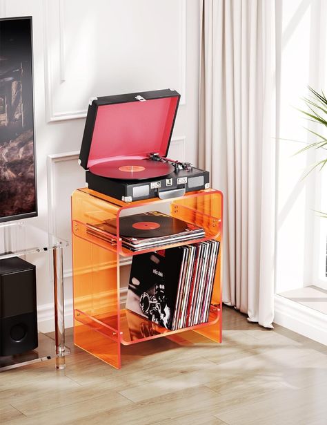 An acrylic table with storage space. Perfect side table for your record player or an unique nightstand! Vinyl Player Stand, Clear Side Table, Acrylic Bedside Table, Record Furniture, Vinyl Record Furniture, Acrylic End Table, Store Vinyl Records, College Dorm Apartment, Record Player Table