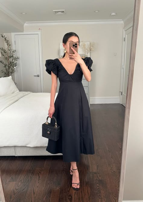 Black Dress With Heels Outfit Classy, Everyday Women Outfits, Black Strappy Dress Outfit, Black Heels Outfit Dressy, Black Strappy Heels Outfit, Sezane Earrings, Black Maxi Sundress, Black Midi Dress Outfit, Abercrombie Dress