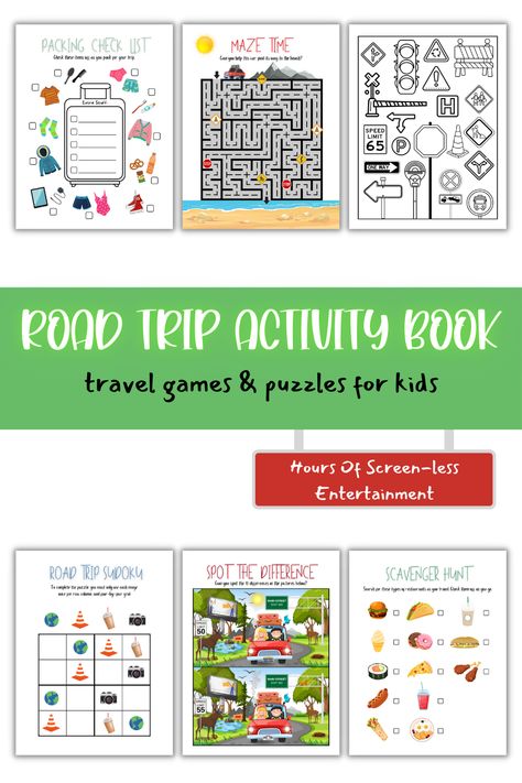 ARE YOU AND YOUR KIDS HEADED ON A ROAD TRIP!? ARE YOU TIRED OF HEARING "ARE WE THERE YET?" If so, this travel activity book is just what you need!This Road Trip Activity Book is jam-packed with travel-themed games and puzzles, including scavenger hunts, spot the difference, mazes, word searches, coloring pages, and so much more! It's big, colorful, and made to keep kids ages 6-10 occupied for hours with screen-less entertainment! Road Trip Activity Book, Dreamy Night, Are We There Yet, Road Trip Activities, Kids Head, Scavenger Hunts, Spot The Difference, Kids Activity Books, Word Searches